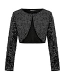 LADI TREND Ladies Long Sleeve Sequin Shrug Cropped Top Jacket Cardigans Fully Lined Glitter Jackets Bolero with Hook Button Cocktail Parties Night Out Top (Black L)