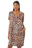 Roman Originals Animal Print Dress with Pockets for Women UK Ladies Leopard Print Tunic Shift Jersey Stretchy Slouch Smart Loose Cocoon Oversized Fit Casual V Neck Pull On - Brown - Size 10