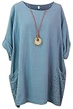 Storm Island Ladies Italian Plain Top Women Lagenlook Cotton Baggy Dress Two Pockets Necklace SI099 (Denim, UK 20-22)