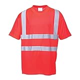 Portwest S478 Hi Vis Short Sleeve T-Shirt Lightweight Breathable Safety Workwear Shirt Moisture Wicking Reflective Tape UPF 40+ Protection Warm Weather Work Top, Red, S