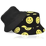 FDRJKN Bucket Hats Men, Double-Sided Festival Hat for Outdoor Activities, Summer Sun Visor Hats Reversible Bucket Hat for Beach and Sports Smiley Face Bucket Hat for Men Women Black