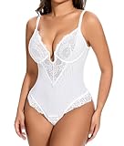 SHAPERIN Women’s Lace Bodysuit Low Back Shapewear Deep U Neck Tummy Control Body Shaper Underwire Shaping Bodysuits Thong Croset Top White M
