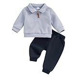XIXIMAON Baby Boy Winter Spring Clothes Set 2pcs Long Sleeve Half Zip Lapel Jumper Shirt Solid Color Long Pants Set Toddler Boy Fall Outfits (Sky Blue, 12-18 Months)