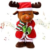 zerotop Christmas Electric Music Elk Plush Doll 8 Songs Singing Recording Glowing Swinging Elk Figure Doll Battery Powered Blowing Saxophone Elk Home Tabletop Decor Plush Animated Buddy Gift (Elk)