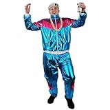 Shell Suit Costume Fancy Dress 80's Shell Suit Chav - Outfit Blue Shiny Zip-Up Jacket + Matching Trousers with Pockets Tracksuit - Large