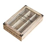 Darthome General Store Wooden Cutlery Tray Vintage Style Storage Box Glass Lid Drawer Organiser Holder