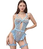 Satohom Women’s Sexy Lingerie Set with Garter Belt Floral Lace Push Up Bra and G-String for Women Naughty Sleepwear Bodysuit Strappy Teddy Babydolls Snap Crotch Underwear with Thigh Cuffs Free Size
