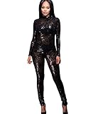 YOUJIA Women Sequin Catsuit High Neck Playsuit Transparent Jumpsuit Club Wear Tight One-Piece (Black, CN M)