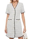 LifeShe Women's Tweed Jackie Dress Button Front V Neck Short Sleeve Business Work Mini Dress, White, S