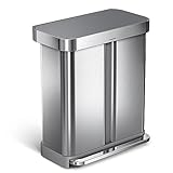 simplehuman 58L (34/24) Rectangular Recycling Double Kitchen Pedal Bin with Liner Pocket, Silent Soft Close Lid, Strong Wide Pedal, Dent-proof Lid, Brushed Stainless Steel with Grey Plastic Lid CW2209