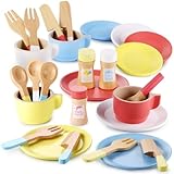 GAGAKU Wooden Toy Kitchen Dish Set [2024 upgrade] Toddler Plates and Cutlery Set Toy kitchen Accessories 27PCS Kids Role Play Gift for Age 3+ Years