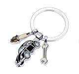 TROIKA Volkswagen Type 1 Key Fob with 3 Pendants Made of Enamel Spanner Spark Plug VW Beetle Key Ring Cast Metal Chrome Plated Black and Silver Original, Black / Silver, 6,7 x 4 x 0,5 cm