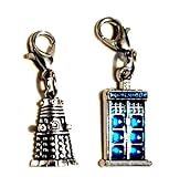 Silver Knight Whovian Inspired Dalek & Police Phone Box Charms, Pair On Lobster Clasps, Made From Steel and Enamel, Unisex, Sci-fi Cosplay, BBC