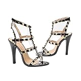 Gizelle® Womens High Heel Sandals Studded Rivet Buckle Ankle Strappy Stiletto Shoes – Ladies Open Toe Office Party Heeled Sandal Black Patent, 7