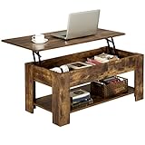 Yaheetech Lift Up Coffee Table, Wooden Lifting Tea Table with Hidden Storage Drawer and Open Shelf for Living Room/Reception, Rustic Brown, 98x50x(42-56) cm