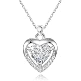 EXGOX Silver Heart Necklaces, 925 Sterling Silver Necklace for Women Crystal Heart Necklace Dainty Love Heart Necklace Adjustable Silver Chain Necklace Women Birthday Gift (White-Crystal Heart)