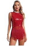 Jugaoge Women Sequins Tassel Latin Dance Dress Leotard Tango Performance Costume Ballroom Dancewear Burgundy M