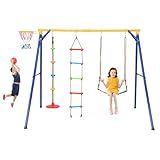 Maxmass 4-in-1 Kids Swing Set, Metal Frame Swings Playset with Basketball Hoop, Disc Rope Swing, Climbing Ladder, Belt Swings, Children Playground for Indoors Outdoors (Weight Capacity: 300 kg)