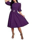 IWFEV Lace Pleated Dress Puff Sleeve Mid-Calf Short Sleeve Midi Hollow Party Evening Dress M Purple