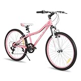 Hiland 24 Inch Kids Bike, 7 speed Kids Mountain Bike, Youth Boys Girls Mountain Bicycle with Suspension Fork V-brake, Pink