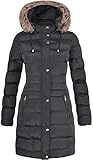 Spindle Womens Long Fur Trimmed Hooded Padded Puffer Parka Ladies Winter Jacket Coat (Black, 10)