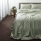 Waterlily 100% Eucalyptus Tencel Lyocell Bedding Set 4 pcs Duvet Cover Flat Sheet Pillowcases Double King Size Vegan Silk Organic Natural Softer than Bamboo Luxury Bed Linen (Sage Green, Double)