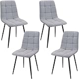 JIJIAN Set of 4 Dining Chairs, Linen Kitchen Chair, Living Room Chairs with Upholstered Seat Backrest and Sturdy Black Metal Legs, Checkerboard Pattern (Grey)