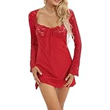 Carolilly Women's Mini A-Line Dress Casual Long Sleeve Womens Lace Dress Women Sexy Low-Cut Mini Dress Clubwear (Rosso, M)