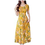 Generic Women's Yellow Floral High Waist A-Line Maxi Dress - Summer, Size M, Short Sleeve, Round Neck, Strapless, Closed Back