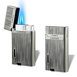 Futlidys 2 Pack Double Jet Flame Gas Lighter with Protect Cover, Butane Refillable and Adjustable Flame Windproof Torch Lighter, Vintage with Brushed Pattern. Grey(Sold without Gas)
