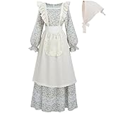 FCCAM Prairie Dress Women Floral Colonial Costume Women with Pioneer Apron 1800s American Historical Dress M Grey