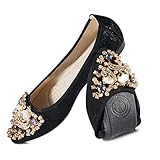 MACHSWON Womens Folding Pumps Roll up Wedding Dress Shoes Foldable Bling Ballet Flats with Beautiful Rhinestone Portable Ladies Slip On Loafers(Black, Size 6)