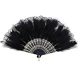 Mwoot Embroidered Flower Marabou Feather Fan, 1920s Vintage Style Folding Handheld Feather Fan, Flapper Hand Fan for Costume Halloween Dancing Wedding Party Prom Tea Party - Black