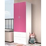 URBNLIVING Modern Kids Large Bedroom Double Wardrobe 2 Doors and 2 Drawers Closet Cupboard Storage Unit (Pink Carcass + White Drawers)