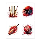 Cricket Wall Art Canvas Prints Boys Room Wall Decor,Watercolour Art Posters Gift for Sports Fans Bedroom Aesthetics Decorations Set of 4 (8"x10",Unframed)