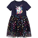 Baogaier Dresses Girls Sequin Tulle Dress Horse Print Cotton Short Sleeve Navy Blue Summer Casual Glitter Embroidery Mesh Dress School Daily Wear Party Outfits Clothes Kids Children 6-7 Years