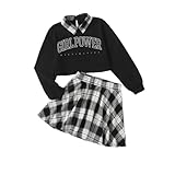 Momkonzz Girls Clothes Kids Outfits Plaid Skirt Set Letter Printed Crop Pullover Polo Long Sleeve Top 2PCS Dress Black Sweatshirt 7-8 Years