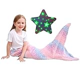 Kids Mermaid Tail Blanket, Glow In The Dark Blanket for Girls, Soft Flannel Fleece Toddler Mermaid Blanket with Glitering Stars and Rainbow Ombre Fish Scale Design - 100 x 43 cm