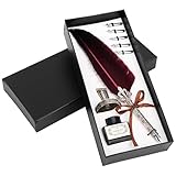 BELLE VOUS 8 Piece Calligraphy Red Feather Pen Set with Holder, Ink Bottle and Nibs - Ink Dip Quill Feather Writing Pen with Black Ink, 5 Assorted Nibs & Holder - Ideal for Beginners and Adults