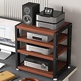 3-Tier Wooden & Metal Speaker Stand | Turntable Audio Rack & TV Console | Multimedia Shelf for Home Entertainment | High Fidelity Storage Unit (Black & Teak)