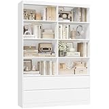 FirFurd Bookcase White Bookshelf 6 Tier Living Room Bookcase with Drawers 8 Open Compartments Free Standing Display Cabinet Tall Shelving Unit for Home Office 120x30x180cm