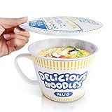 Sophie & Panda Porcelain Instant Noodle Bowl Mug with Handle 34 Oz - A Must-Have Accessory for Anyone Who Loves Asian Noodles - One Novelty 5.5” X 4.5” Ramen Bowl with Lid (Blue)