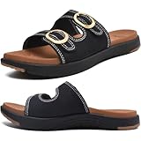 COFACE Womens Orthotic Slides Comfort Plantar Fasciitis Arch Support Slip on Flat Sandals Ladies Soft Cushion Fashion Yoga Mat Sliders With Adjustable Straps, Black/Khaki Size 9