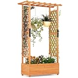 COSTWAY Garden Planter with Trellis, Hanging Roof and Drainage Holes, Weather-Resistant Wooden Raised Bed for Vine Climbing Plants, Outdoor Trough Container Grow Box Flower Pot (Orange, 110x44x180cm)