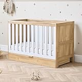 Tutti Bambini Riley 3-in-1 Baby Cot Bed with Drawer 120 x 60 cm, (0-4 years) - 3 modes: Cot, Toddler Bed & Toddler Sofa, Convertible Cot Bed for Baby with 3 Mattress Heights (Oak & White)
