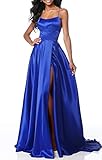 Lecureler Long Satin Spaghetti Strap Prom Dress Royal Blue Size 8