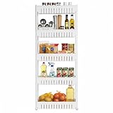 Crystals 3 or 5 Tier Storage Trolley Cart, Slim Rolling Utility Cart Mobile Storage Shelving Organizer for Kitchen, Bathroom, Laundry Room, Bedroom, Narrow Places, Plastic, White (5 Tier)