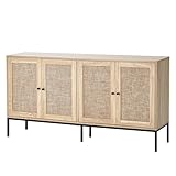 VEVOR Rattan Cabinet, Rattan Storage Cabinet with 4 Magnetic Doors and Adjustable Shelves, Sideboard Buffet Cabinet for Hallway, Entryway, Living Room, or Kitchen, Natural
