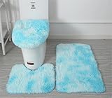 Soft Microfiber Bathroom Rugs Sets 3 Piece,Non-Slip Bath Mat Fluffy Plush Toilet Seat Cover for Bathroom,Water Absorbent Bathmat,Machine Washable (Light Blue)