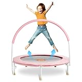 Pukomc 36in Toddler Trampoline for Kids Exercise,Rebounder with Adjustable Foam Handle and Safety Padded Cover/with Basketaball Hoop, Foldable Kids Trampolines for Indoor Outdoor Pink/Blue (Pink)